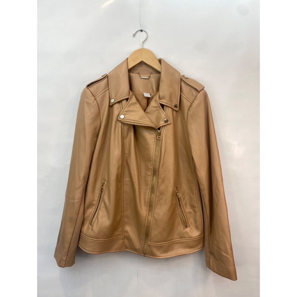 Chico's Women's Faux Leather Moto Jacket Tan Brown Zip Front Size 2 Large 12 14
